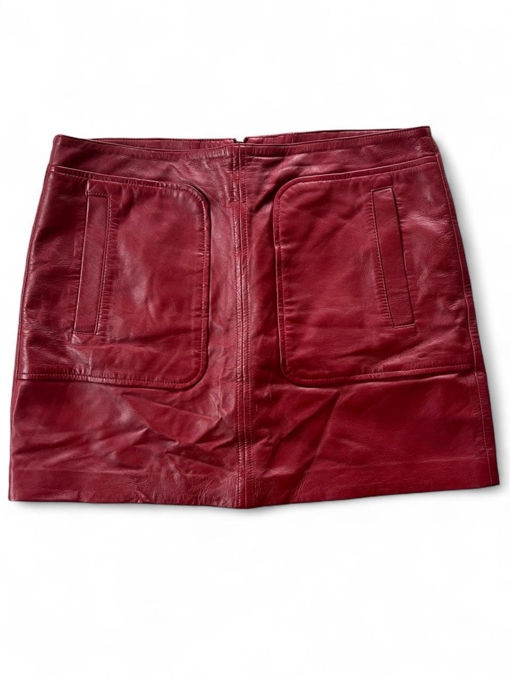 Trina Turk Size 6 Red Sheep Leather Mini Skirt Front Patch Pockets A-Line